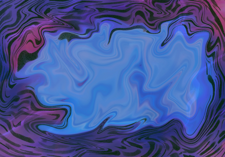 Abstract fluid art with swirling blue and purple gradients creating organic, wave-like patterns with darker halftone textures around the edges