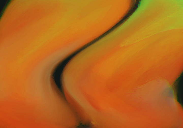 Abstract flowing forms in warm orange and green tones with soft, curved lines creating a sense of movement and organic transformation against a gradient background.