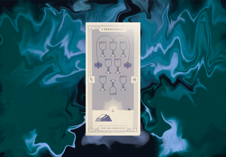A tarot card labeled 'Eight of Chalices - Indolence' showing seven chalices above and one below, with a desert landscape, set against a swirling teal and blue marbled background.