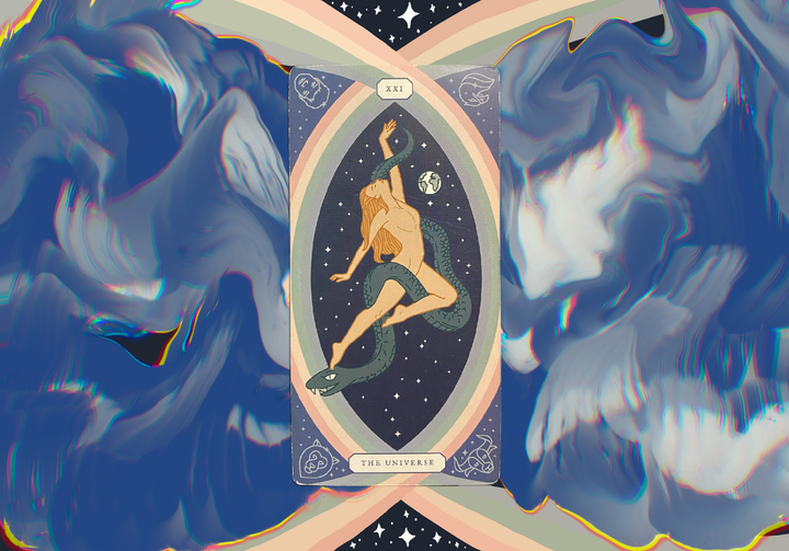 A mystical tarot card labeled "XXI THE UNIVERSE" showing a dancing figure intertwined with a serpent against a starry night sky, surrounded by swirling iridescent smoke or clouds.